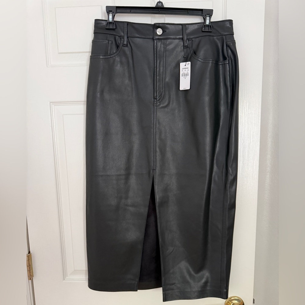 Express Black Faux Leather Midi Skirt with Front Slit